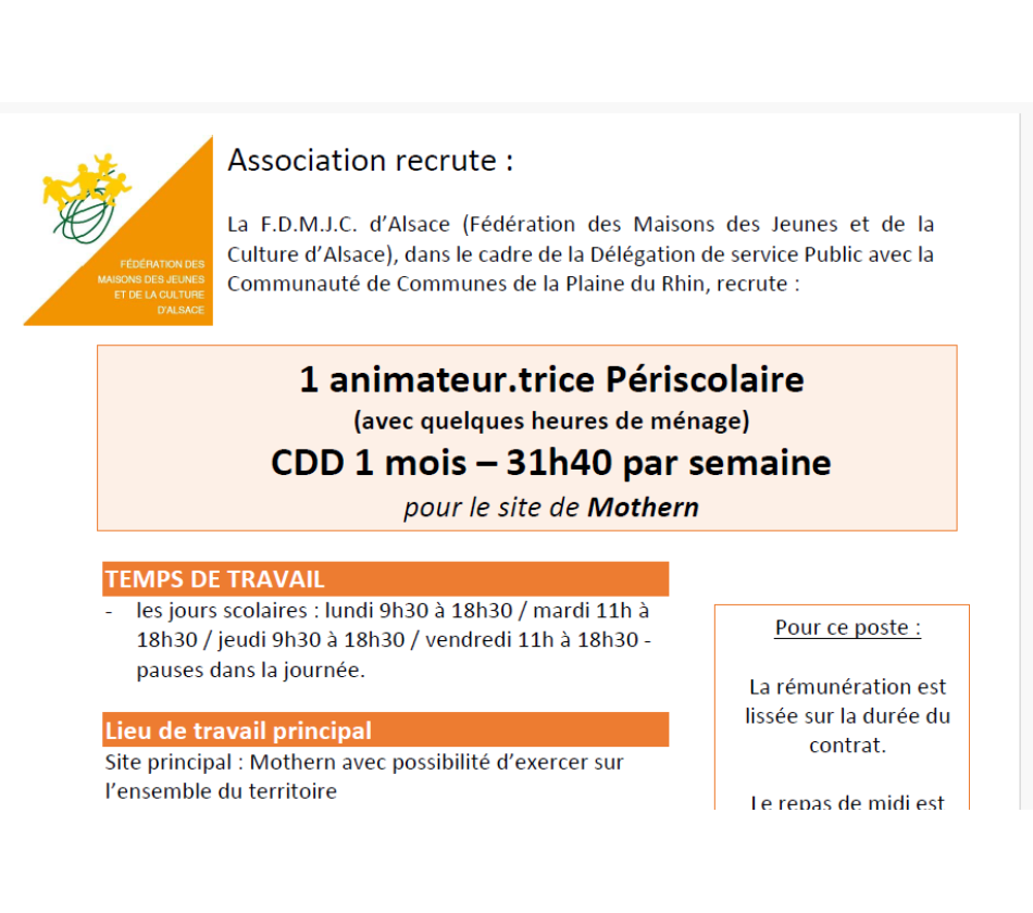 CDD de remplacement PERISCOLAIRE DE MOTHERN